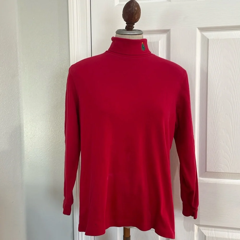 Vintage 90s Lands End 100% cotton turtleneck Christmas tree red womens size 6 8